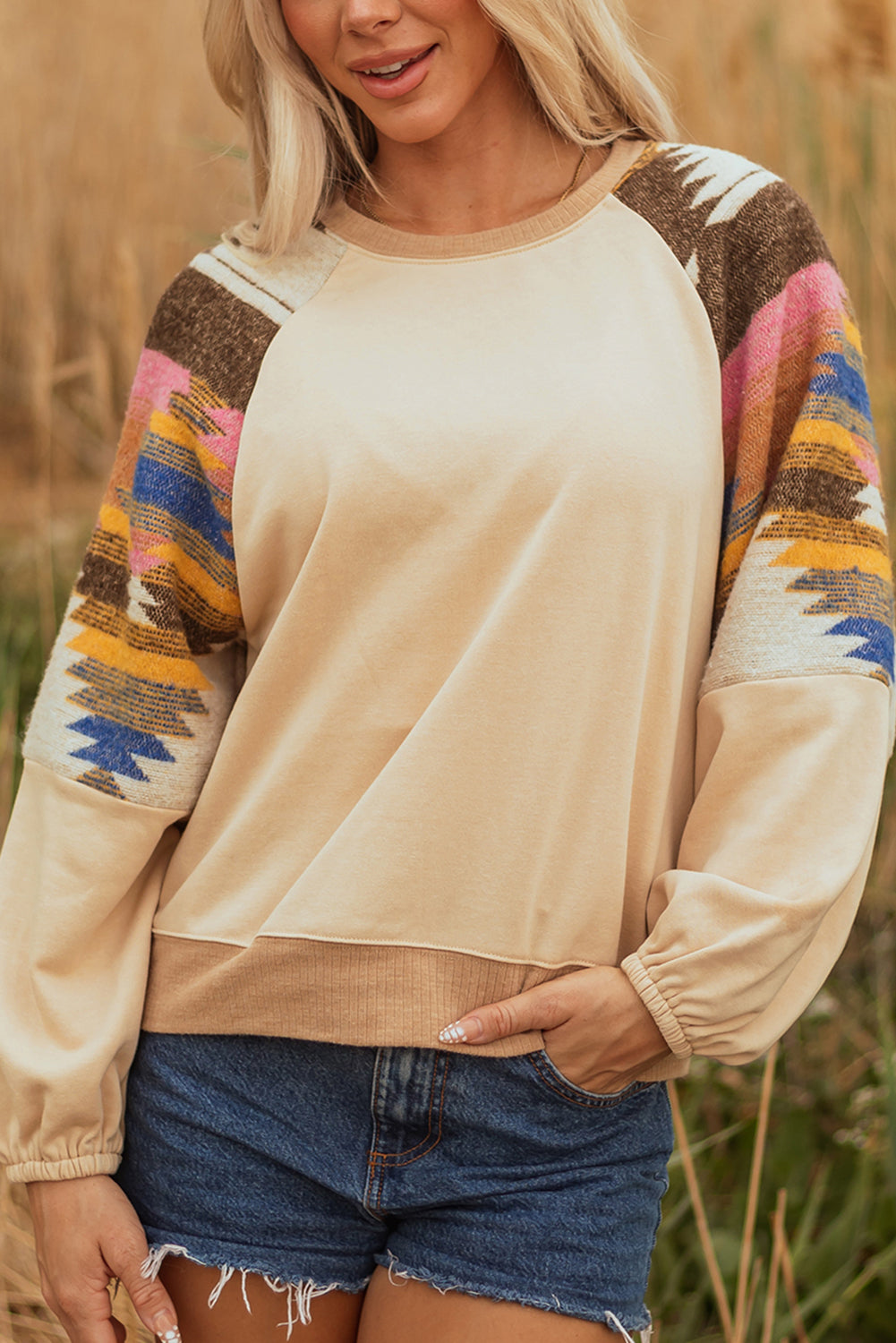Aztec Patchwork Raglan Pullover Sweatshirt