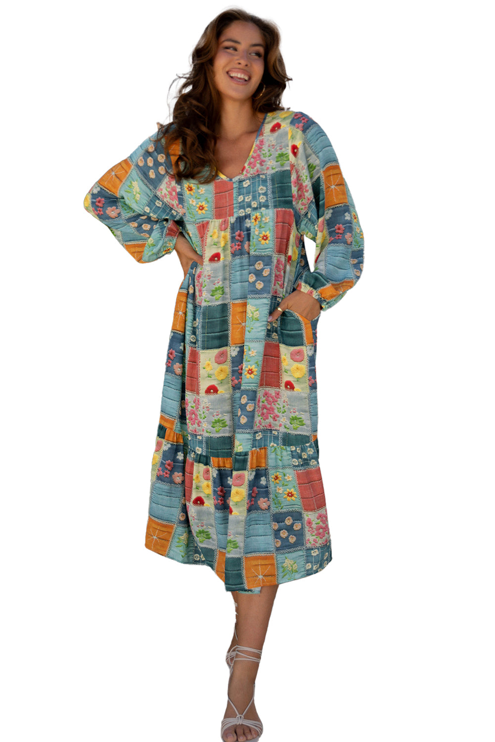 Checkered Mix Floral Pattern Bubble Sleeve Ruffle Hem Dress