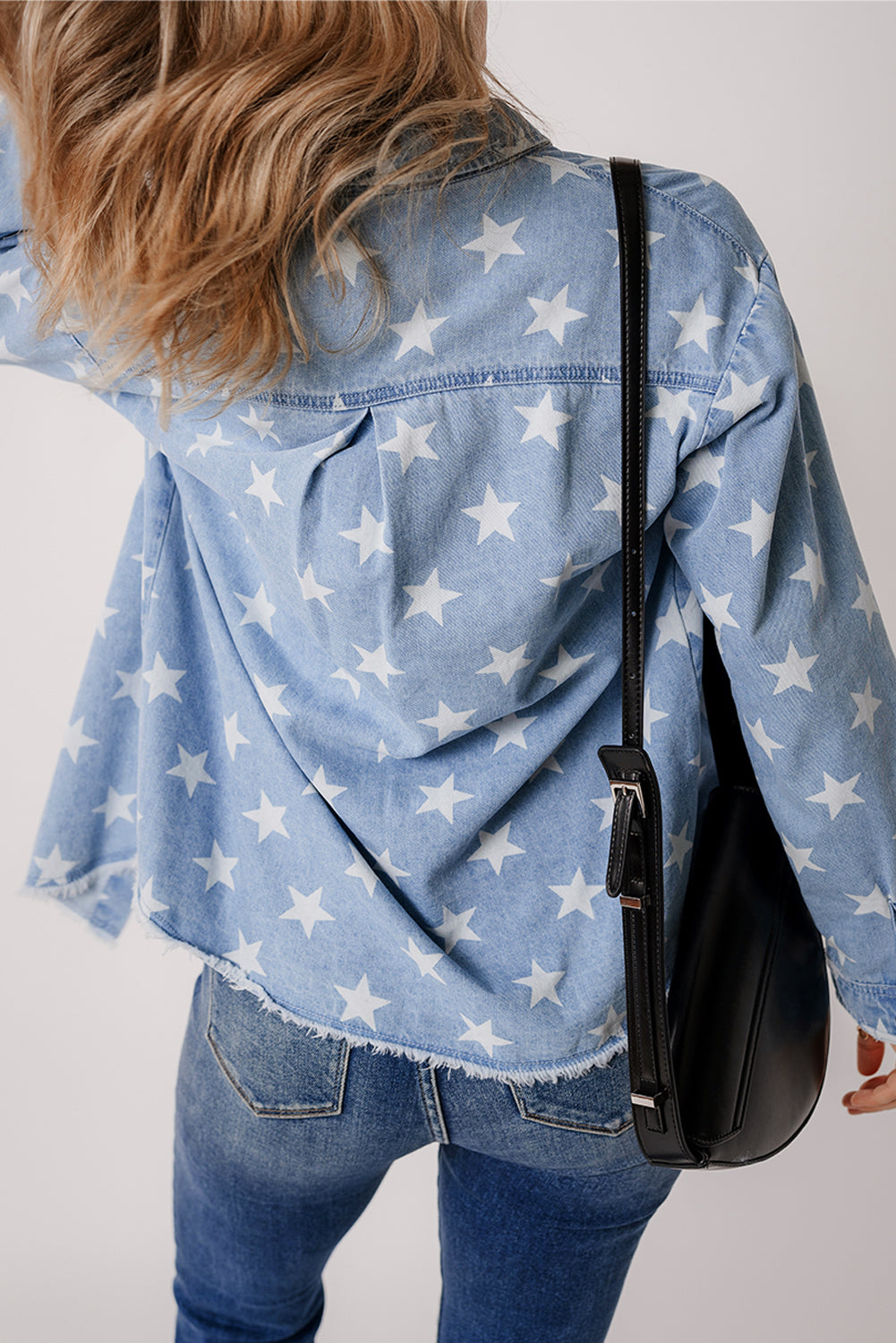 Star Pattern Light Wash Raw Hem Denim Jacket