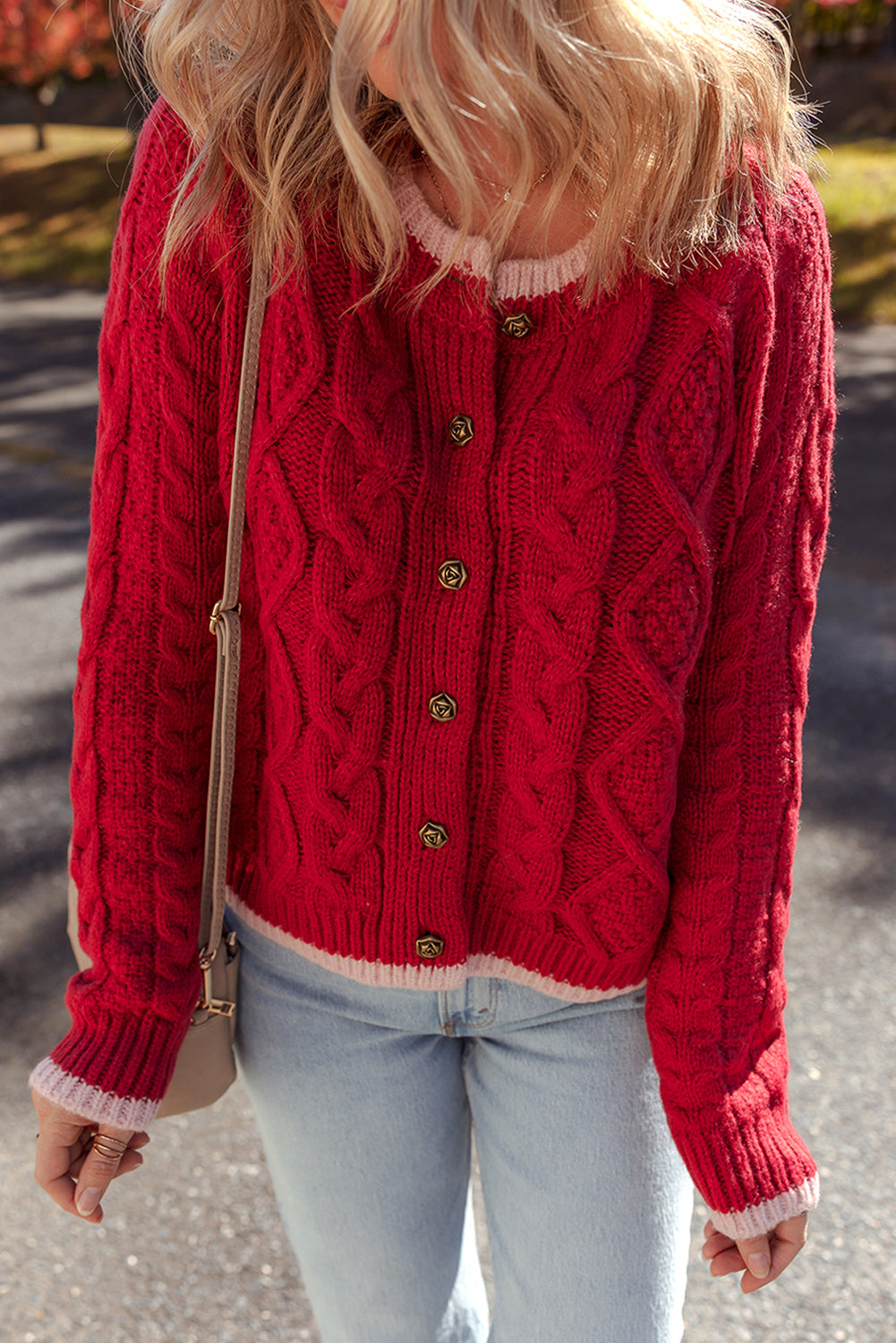 Color Contrast Edge Cable Knit Button-Front Cardigan in Red