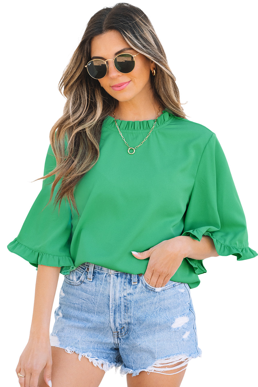 Wide Frilly Round-Neck Half Sleeve Blouse