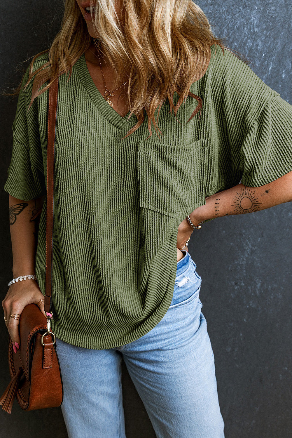 Corded Pocket V-Neck Chest Loose T-shirt