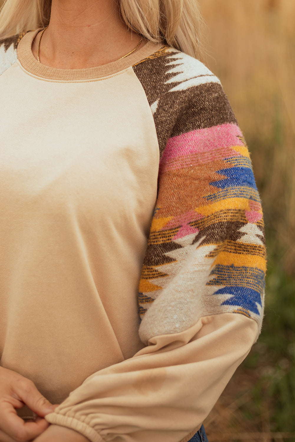 Aztec Patchwork Raglan Pullover Sweatshirt