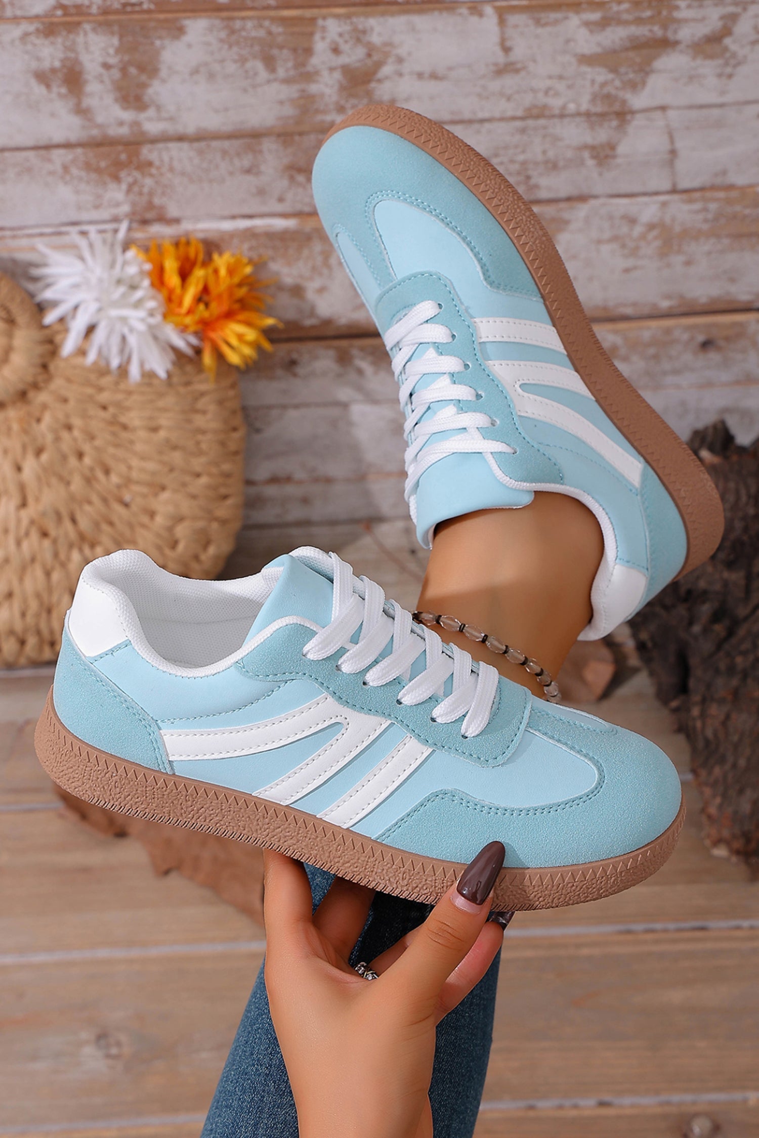 Dusk Blue Faux Suede PU Leather Colorblock Patchwork Lace-up Shoes