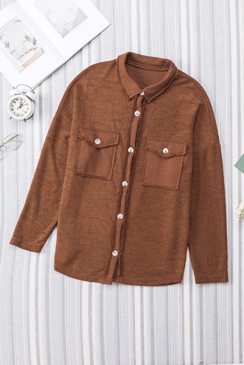 Women's Contrast Flap Pockets Brown Relaxed Shacket