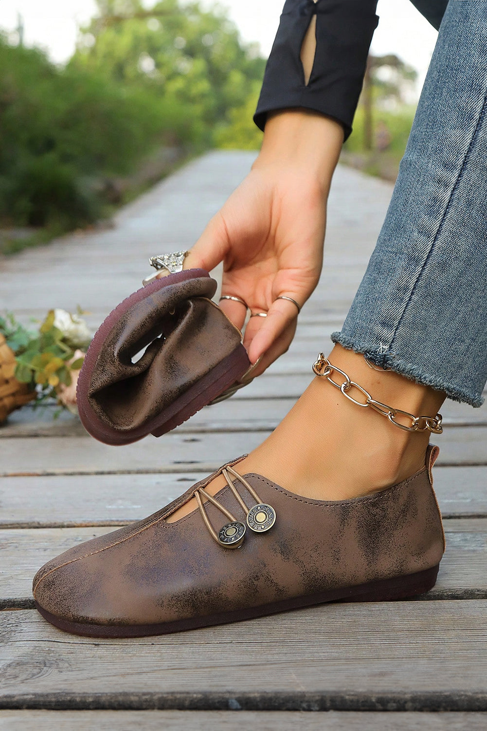 JEANS Boho Button Detail Retro Faux Leather Loafer Shoes