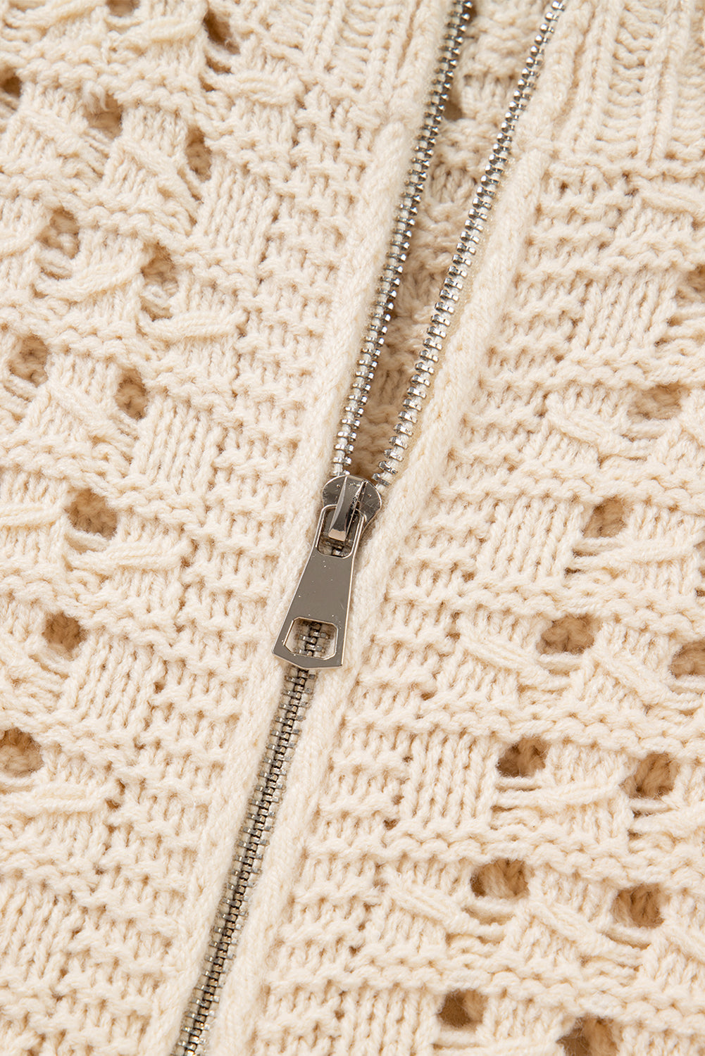 Hollowed Zip-Front Pattern Knit Drop-Shoulder Cardigan Knit Top