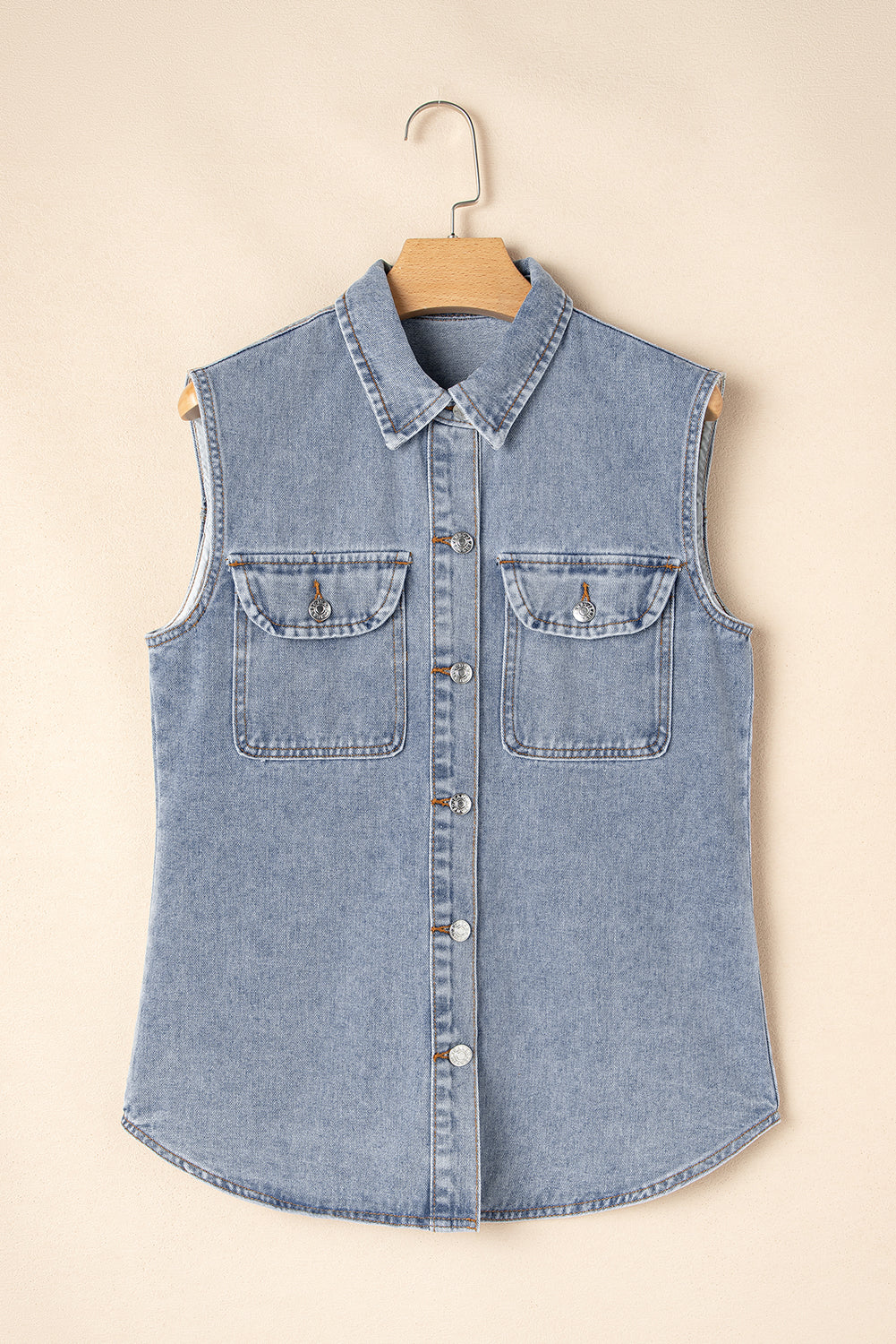 Denim Flap Pocket Curved Hem Shirt Vest