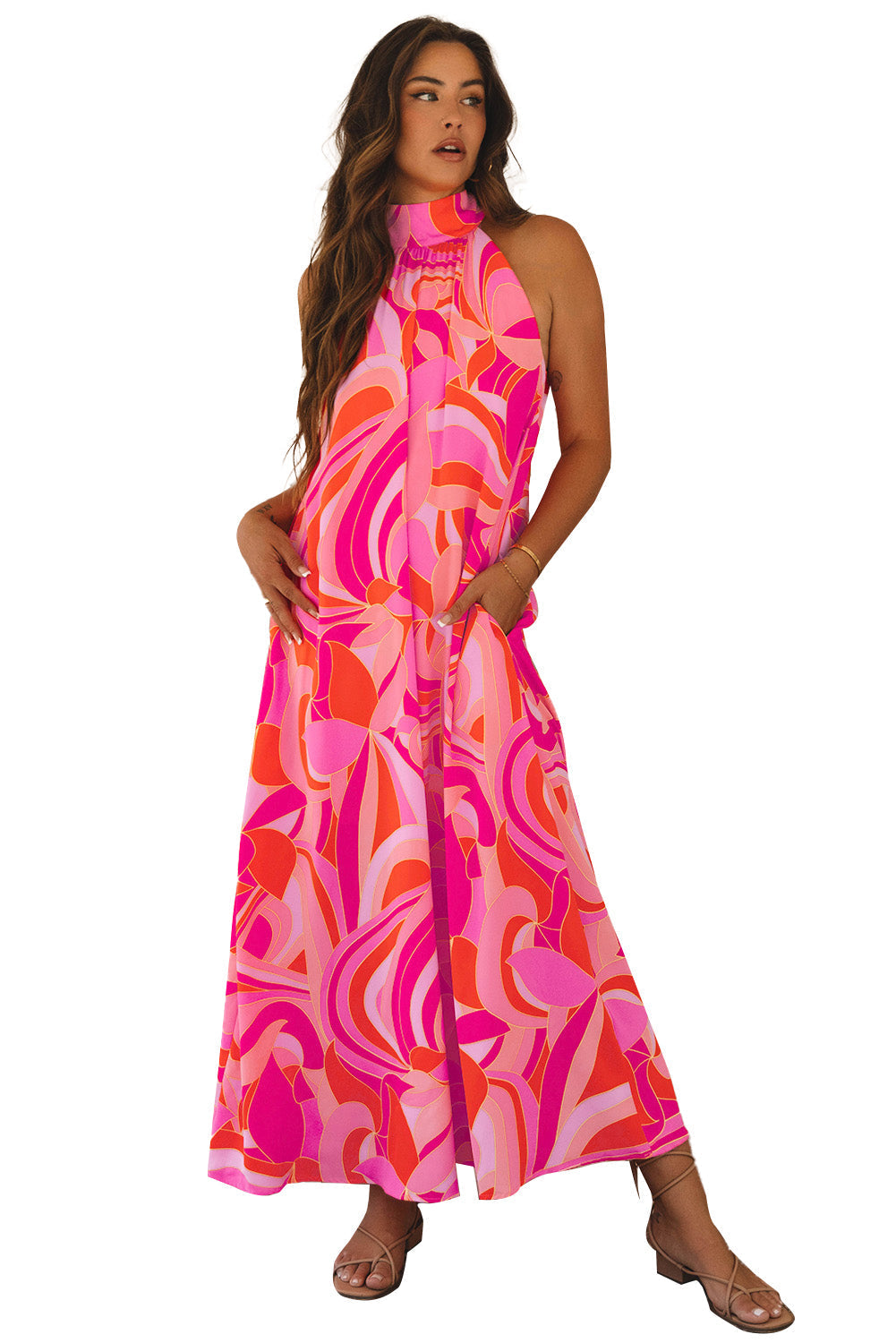 Abstract Printed High Neck Sleeveless Maxi Dress