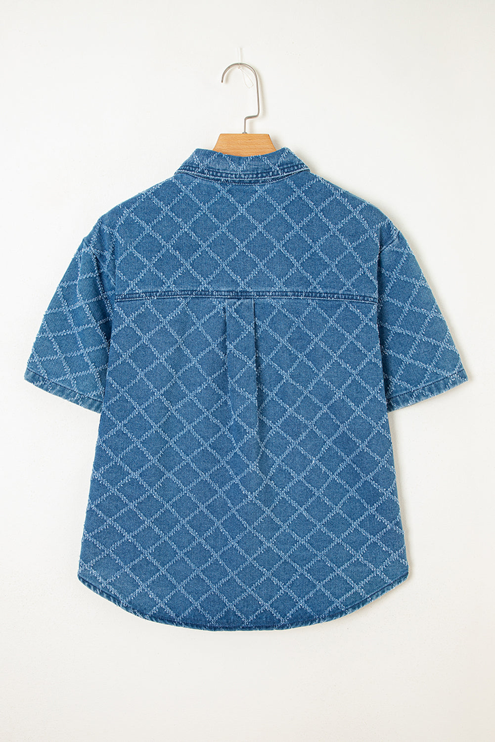 Short-Sleeved Checkered Textured Patched Pocket Denim Shirt
