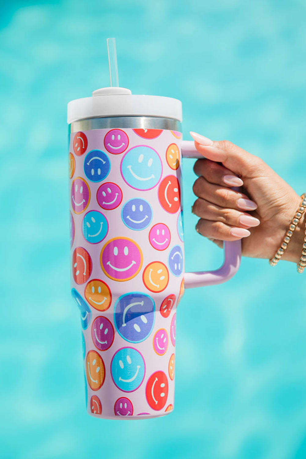 Rainbow Pattern Smiley Face Tumbler with Straw 40oz