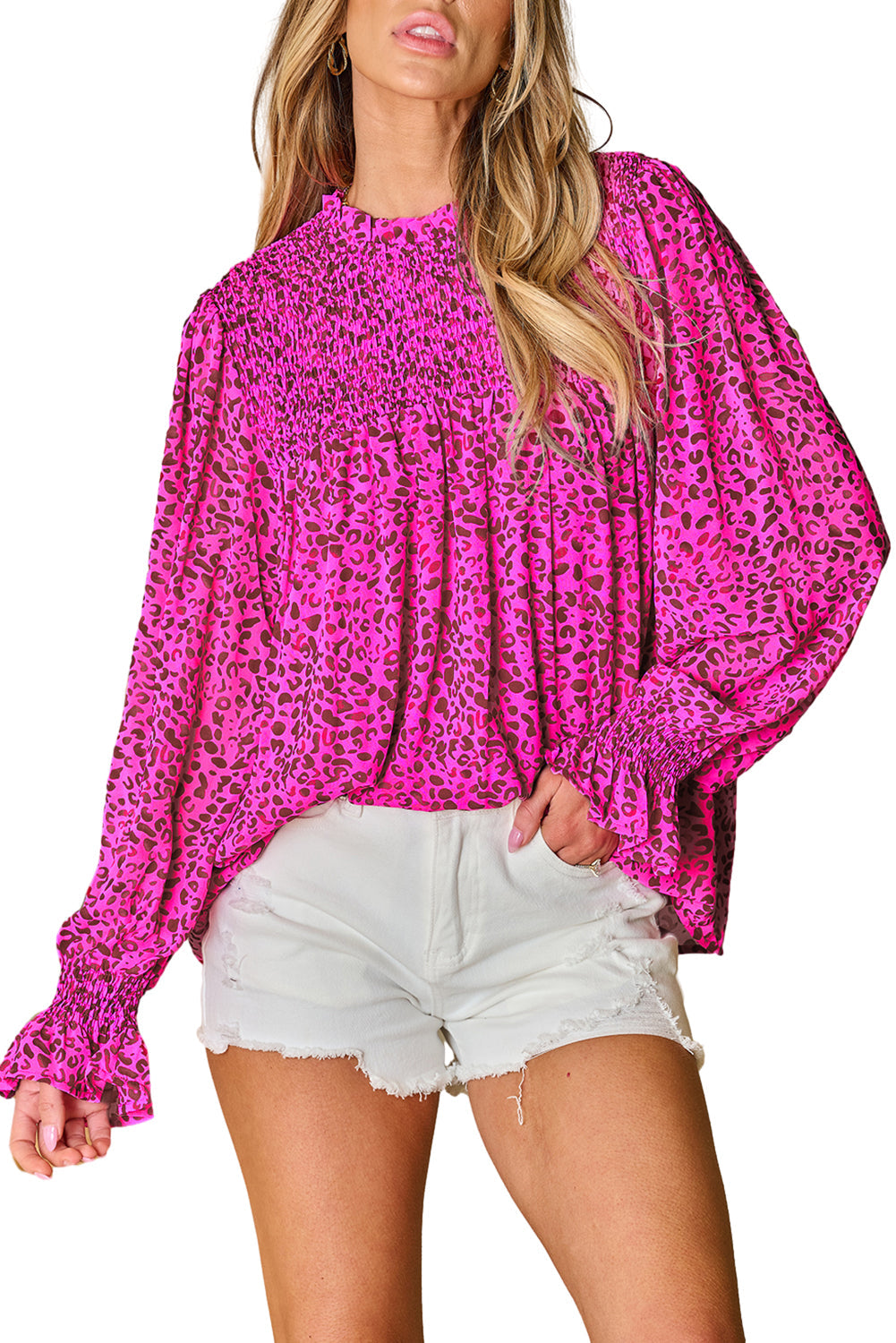 Women's Blouse with Shirred Balloon Sleeve Flowy