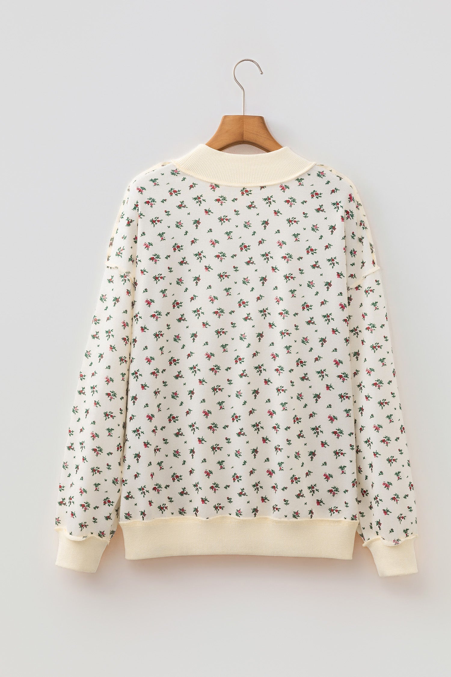 Rib-Knit Floral-Print High Neck Baggy Pullover Sweatshirt in Beige