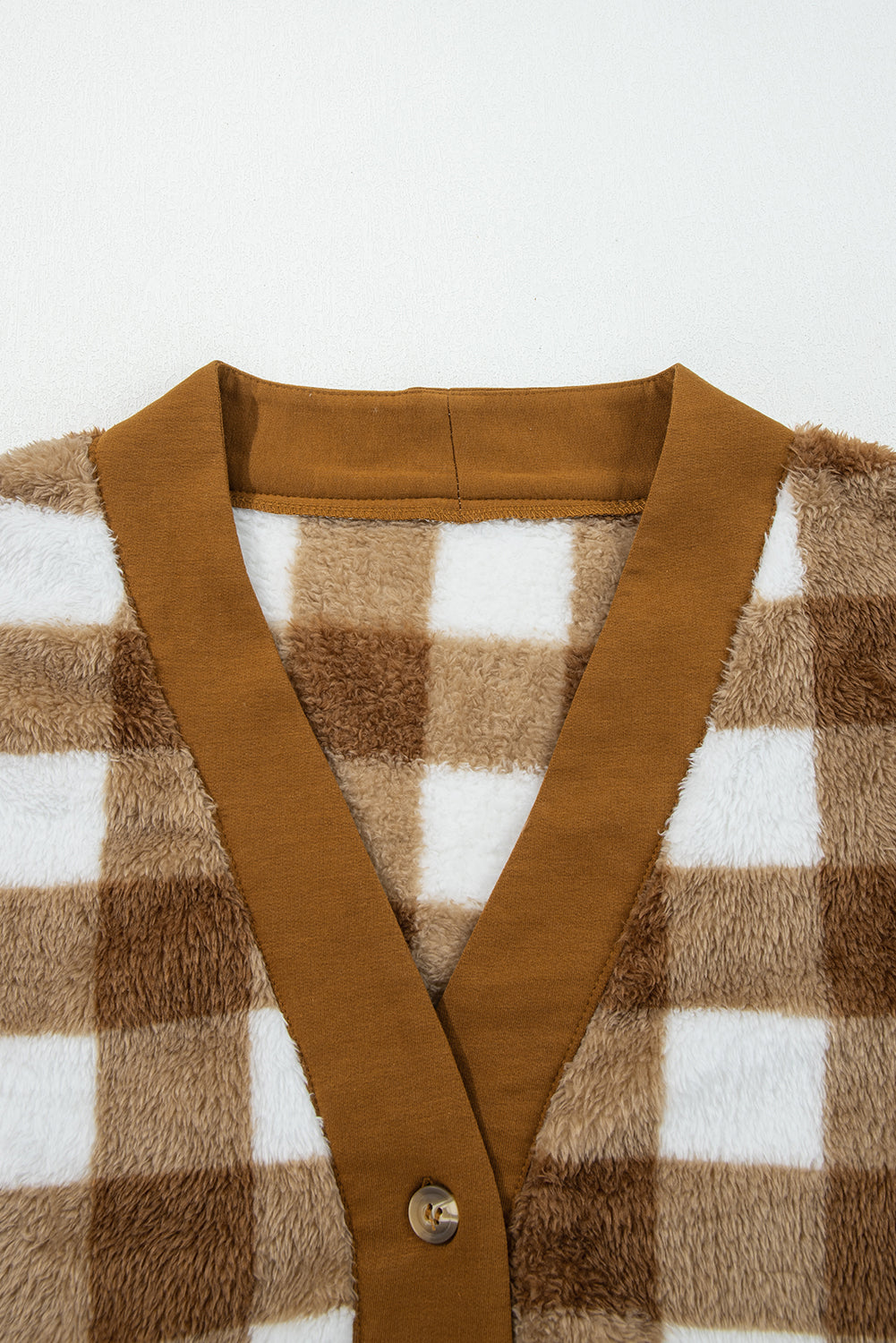 Sherpa Loose Checkered Loose Knit Cardigan Featuring Pockets in Brown