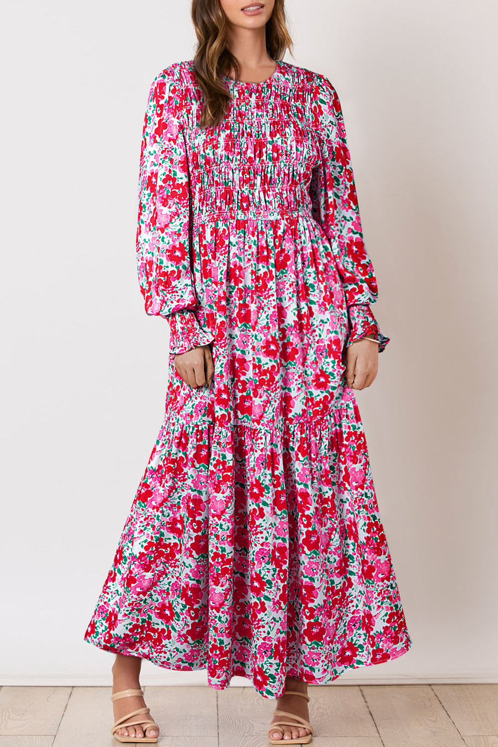 Floral Print Smocked Lantern Sleeve Tiered Maxi Dress