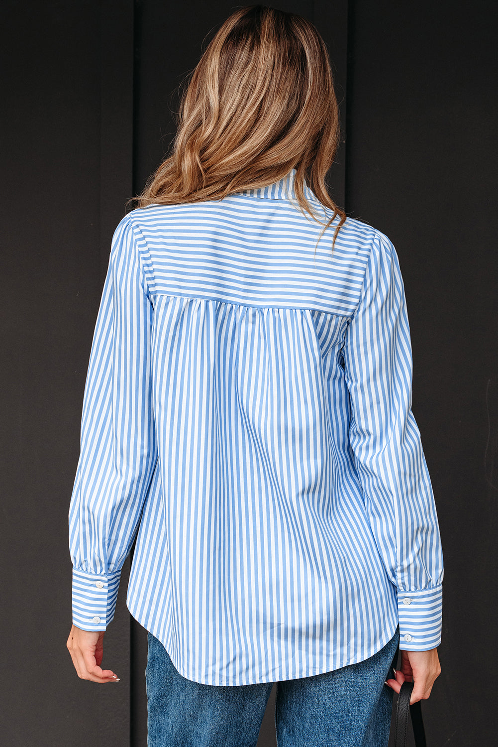 Shirred Placket Detail Half Collared Long-Sleeved Fall Shirt