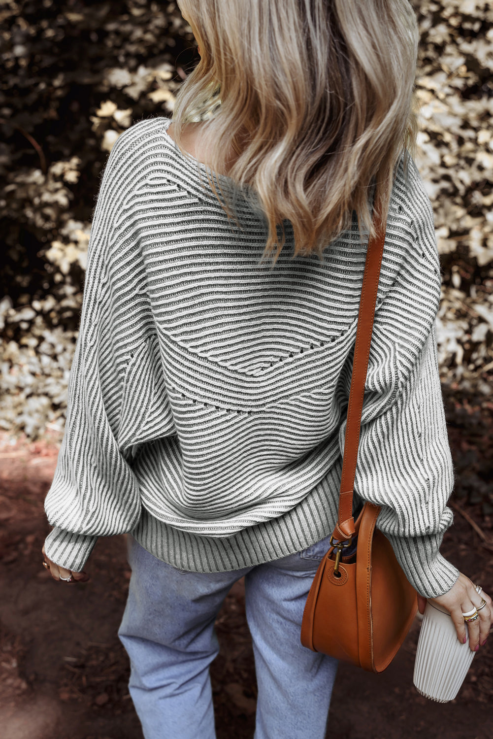 Striped Print Rib-Knit Knit Boat Neck Baggy Knit Top