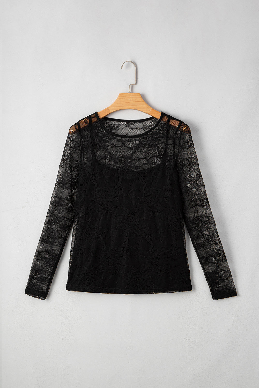 Mesh Lace Crochet Patched Slim Fit Long-Sleeved Top in Black