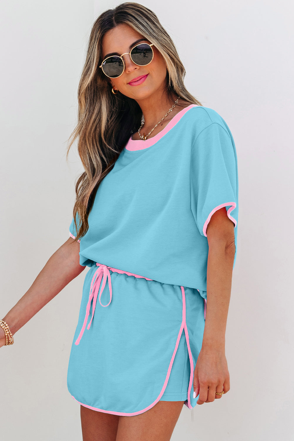 Colorblock Edge Turquoise Edge Drop-Shoulder T Shirt and Skort 2-Piece Outfit