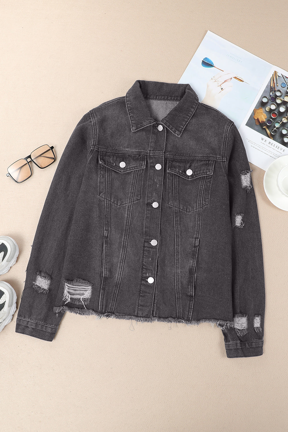 Lapel Hem Distressed Raw Buttons Denim Jacket