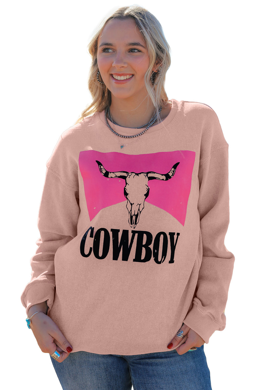 Sweat-shirt filaire à imprimé tête de boeuf et cowboy