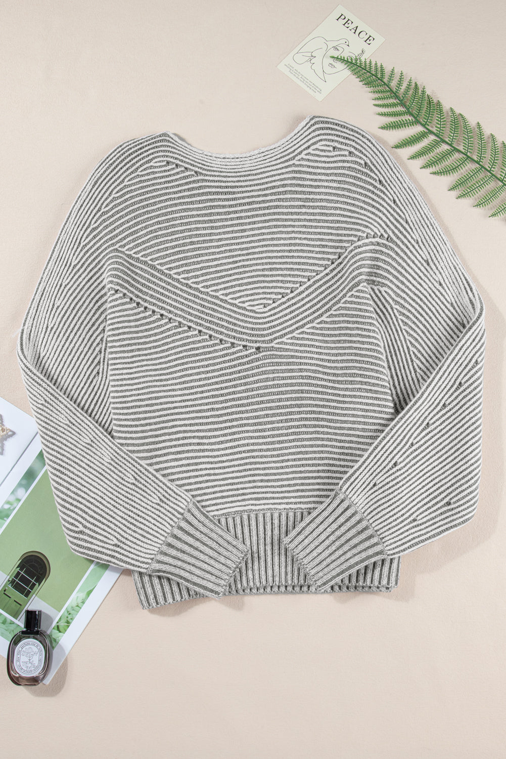 Striped Print Rib-Knit Knit Boat Neck Baggy Knit Top