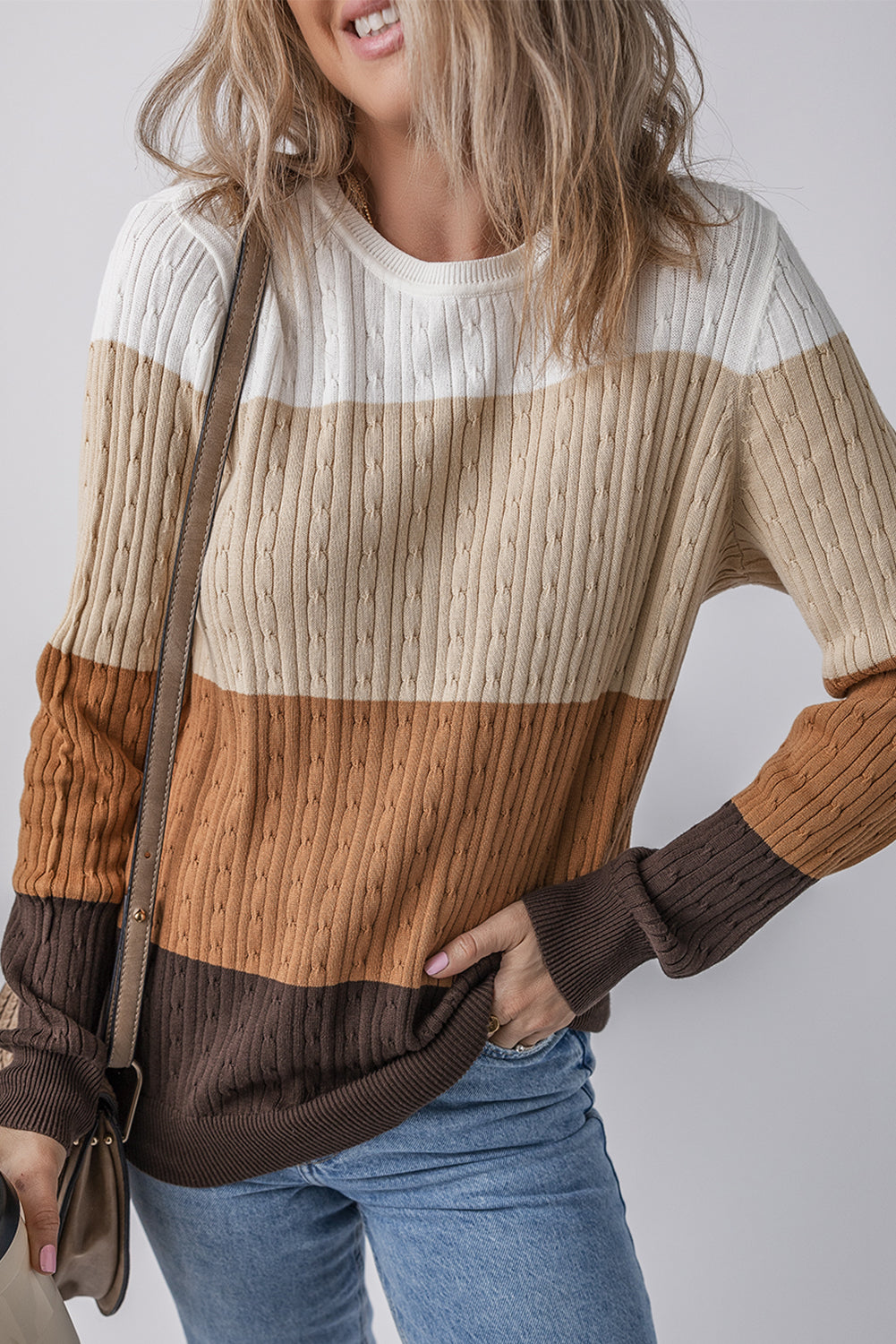 Colorblock Knit Round-Neck Cable Knit Top in Khaki