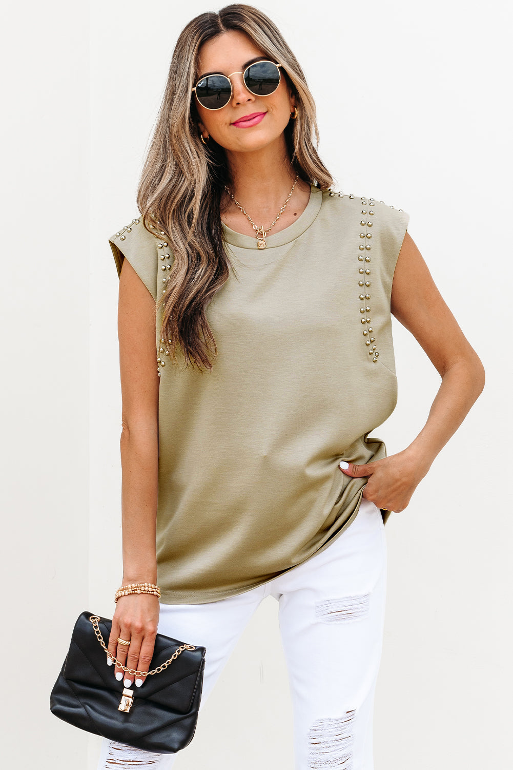 Studded Cap Sleeve Round Neck T Shirt
