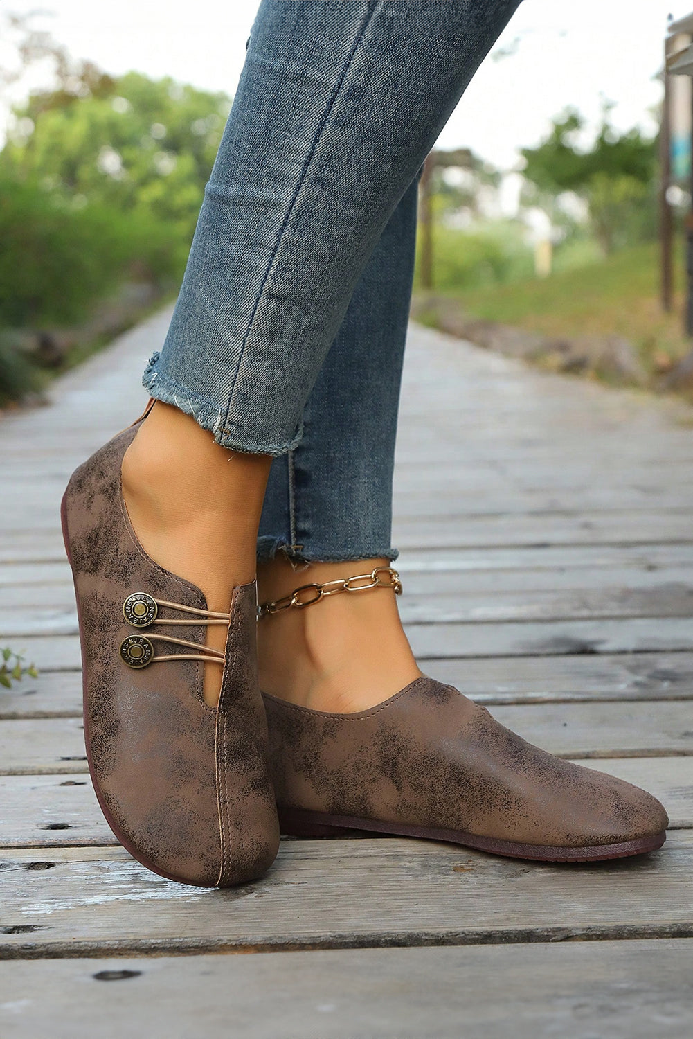 JEANS Boho Button Detail Retro Faux Leather Loafer Shoes