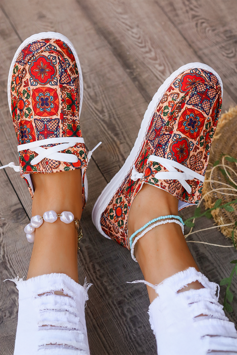 Western Printed Lacing Flat Slip On Shoes