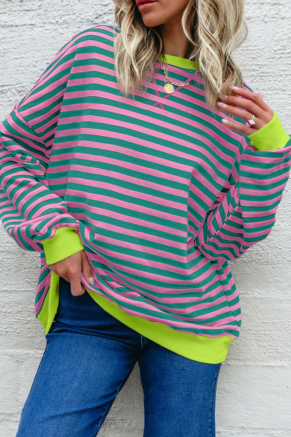 Rib-Knit Trim Contrast Trim Crossed Stitch Drop-Shoulder Sweatshirt