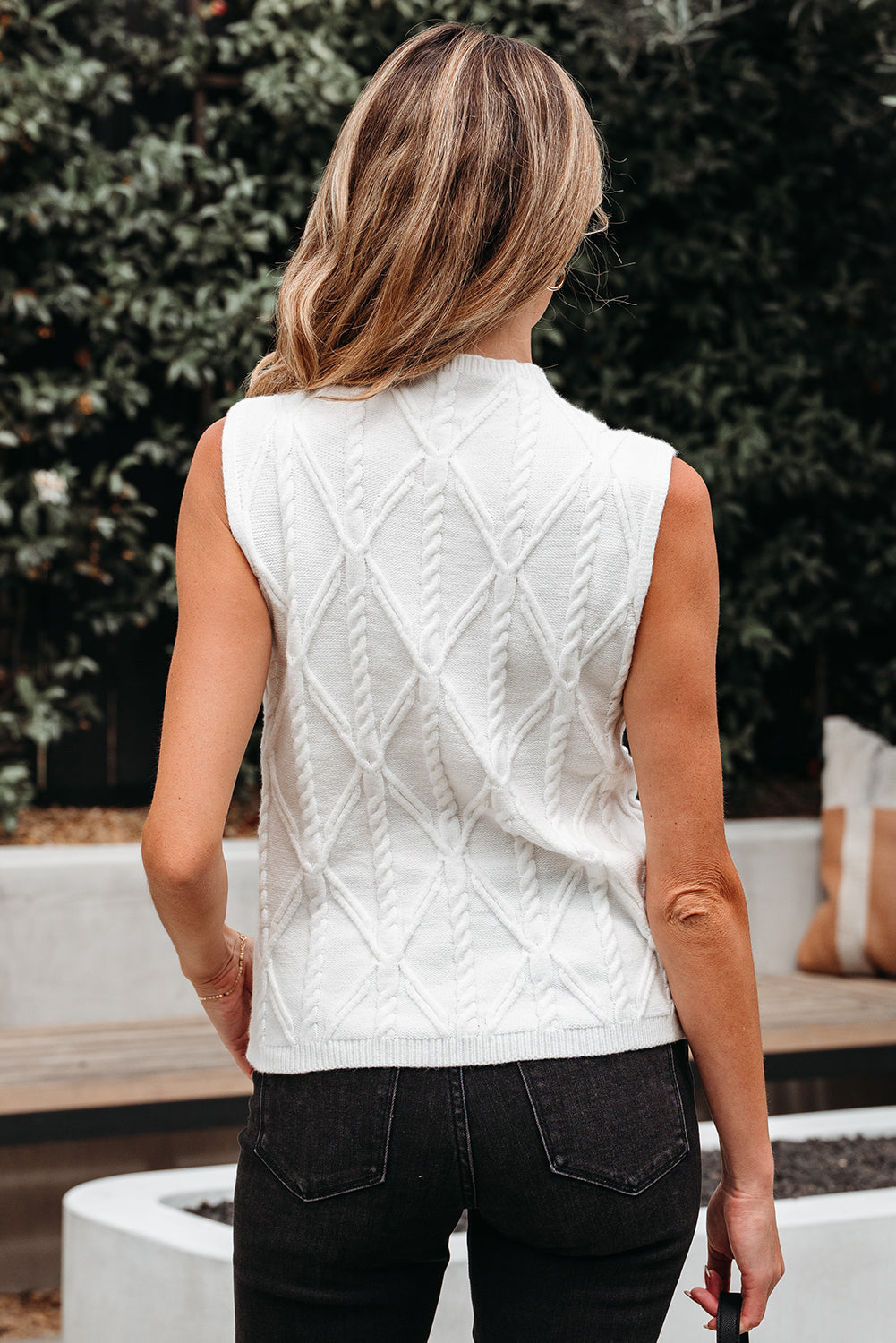 Polished White Pearled High Neck Textured Knit Knit Top Vest