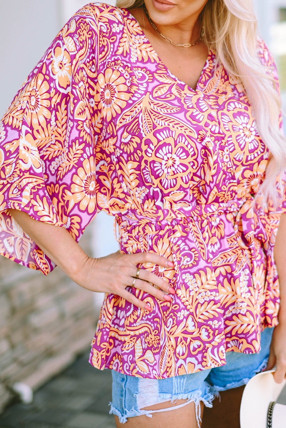 Women's Bohemian Floral-Print Belted Blouse