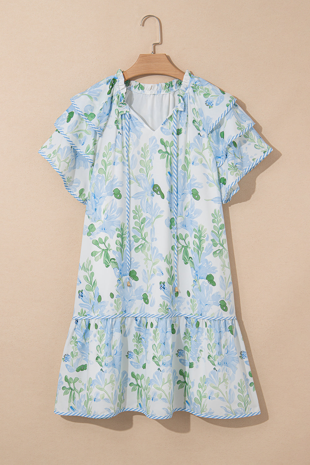 Blue Cute Sky Floral Layered Short-Sleeved Mini Dress