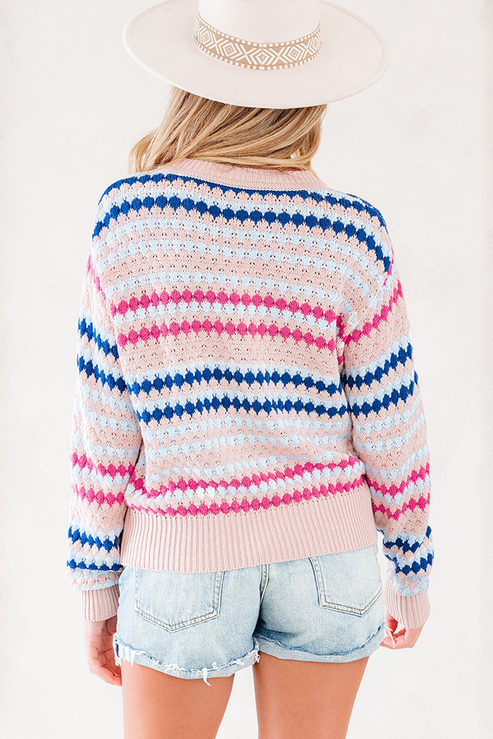 Eyelet Patterned Drop-Shoulder Knit Top