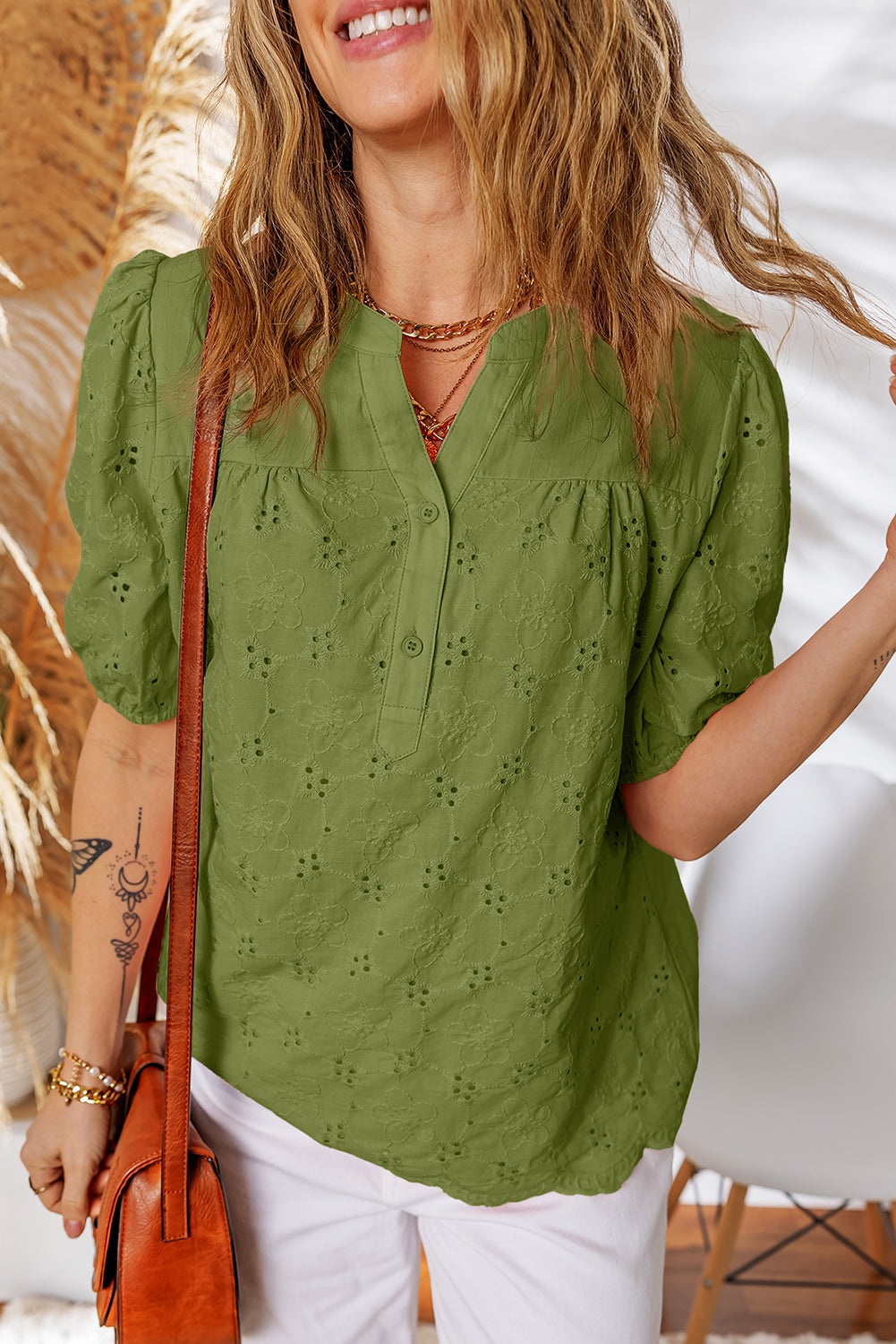 Crochet V-Neck Lace V-Neck Half Sleeve Embroidery Button Down Blouses Everyday Shirts