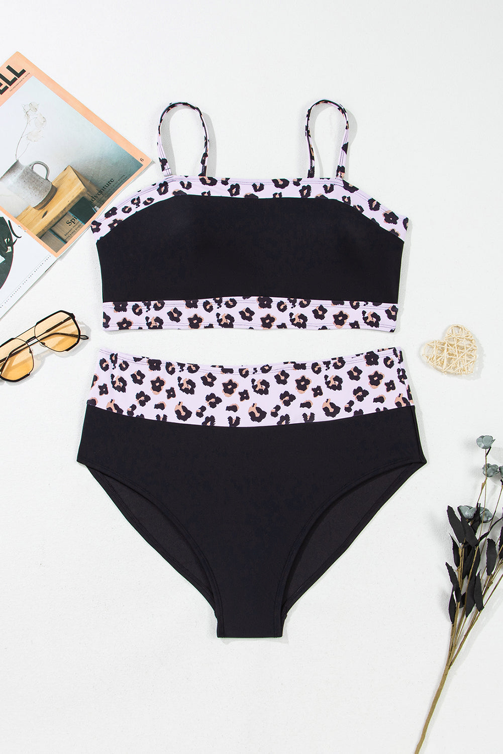 2pcs Black Leopard Patchwork Plus Size High Waisted Swimsuit