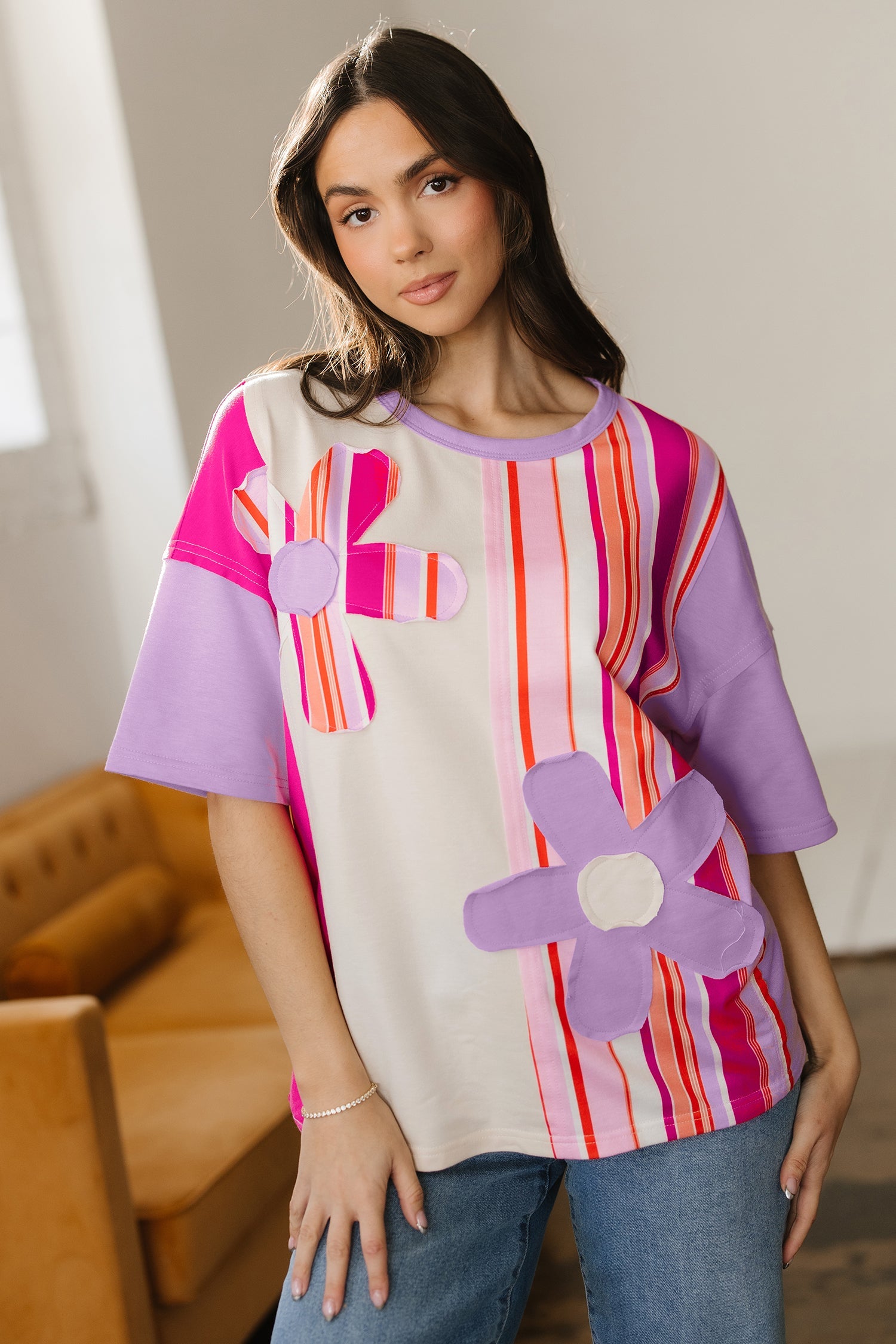 Striped Colorblock Flower Patched Half Sleeve Loose Top