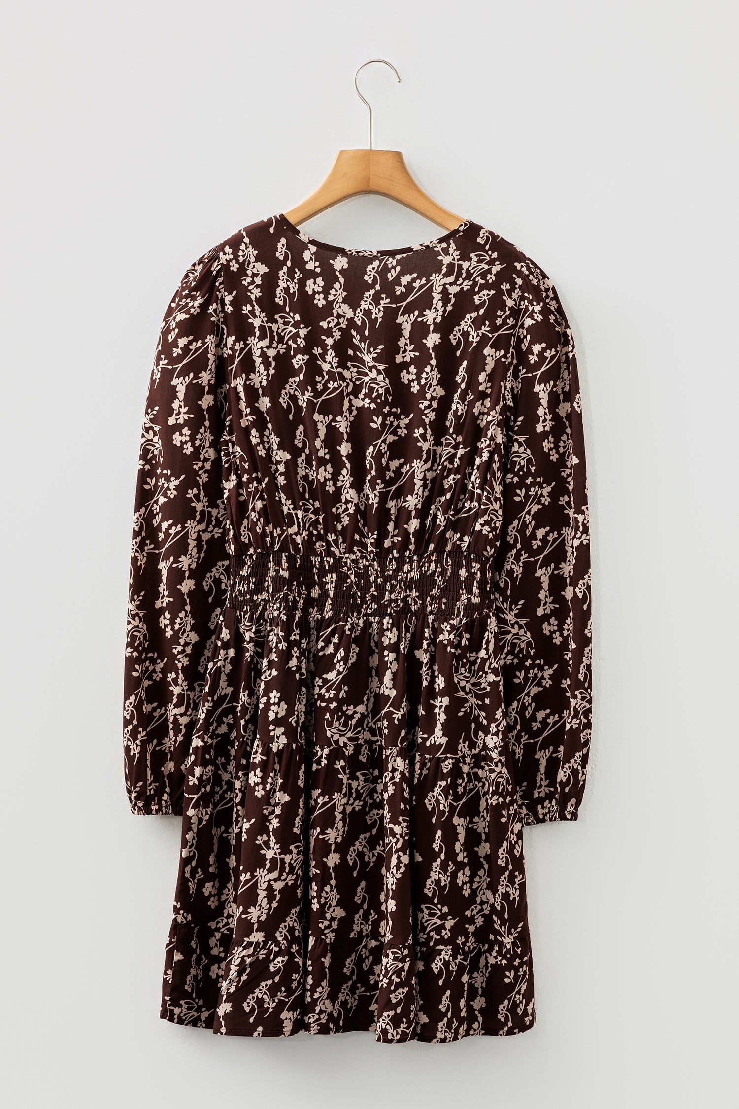 Split Ditsy Floral-Print Neck Long-Sleeved Shirred Waist Flared Mini Dress