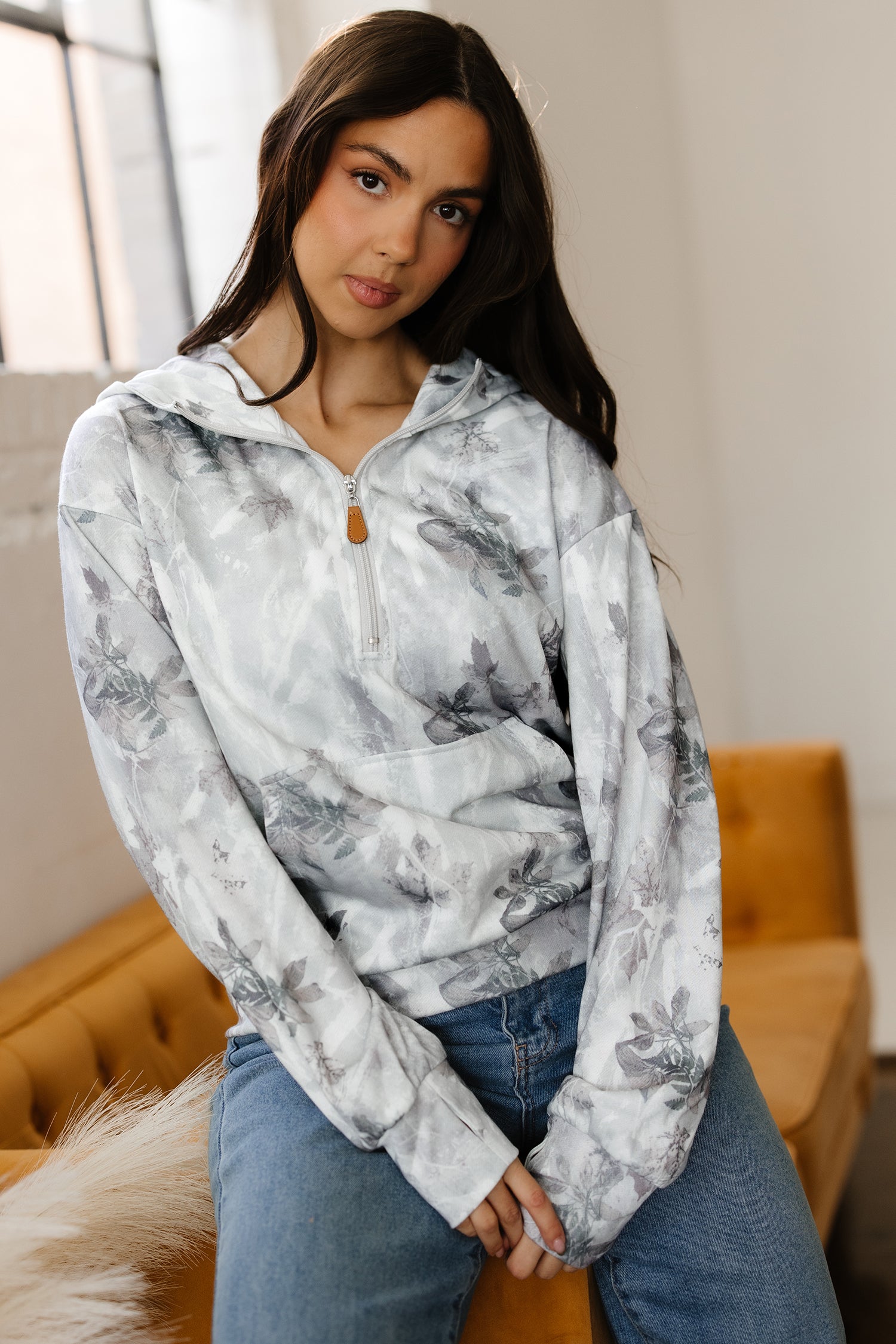 Print Camo Leaf Kangaroo Pocket Quarter Zip Hoodie
