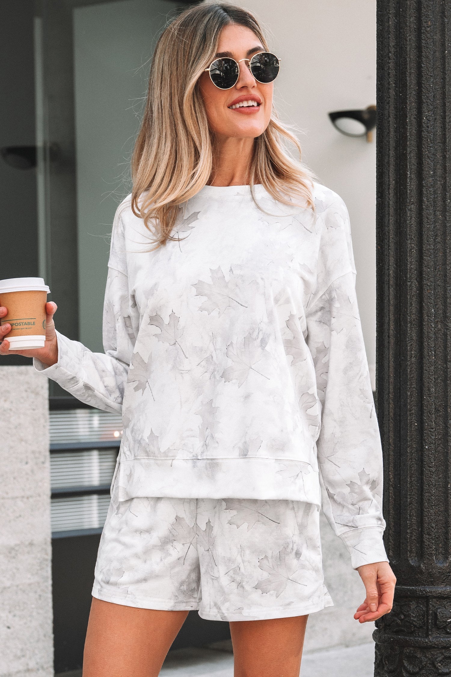 Print Maple Camo Pullover Top and Elastic Waist Everyday Short Set in Beige