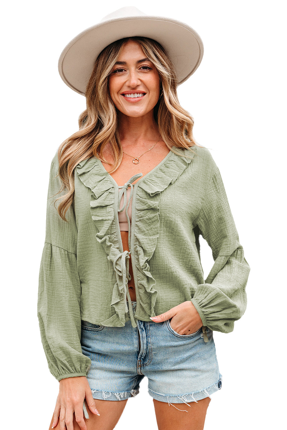 Bow Ruffle Tie Front Trim V-Neck Long-Sleeved Gauze Blouse