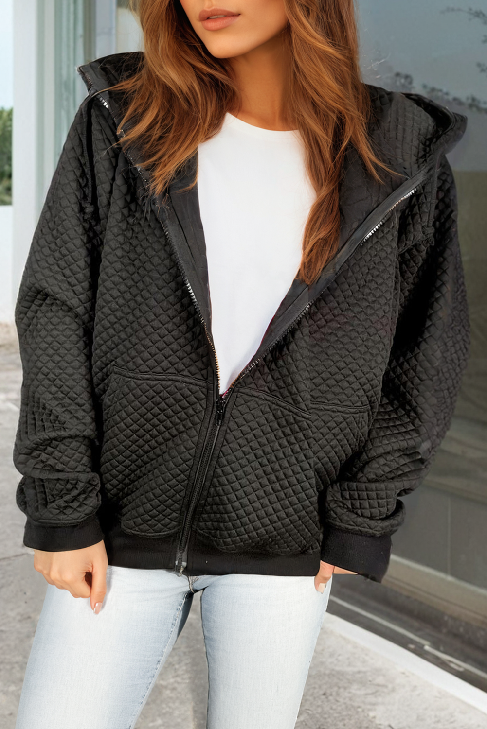 Quilted Side Pockets Zip Hooded Jacket in Black