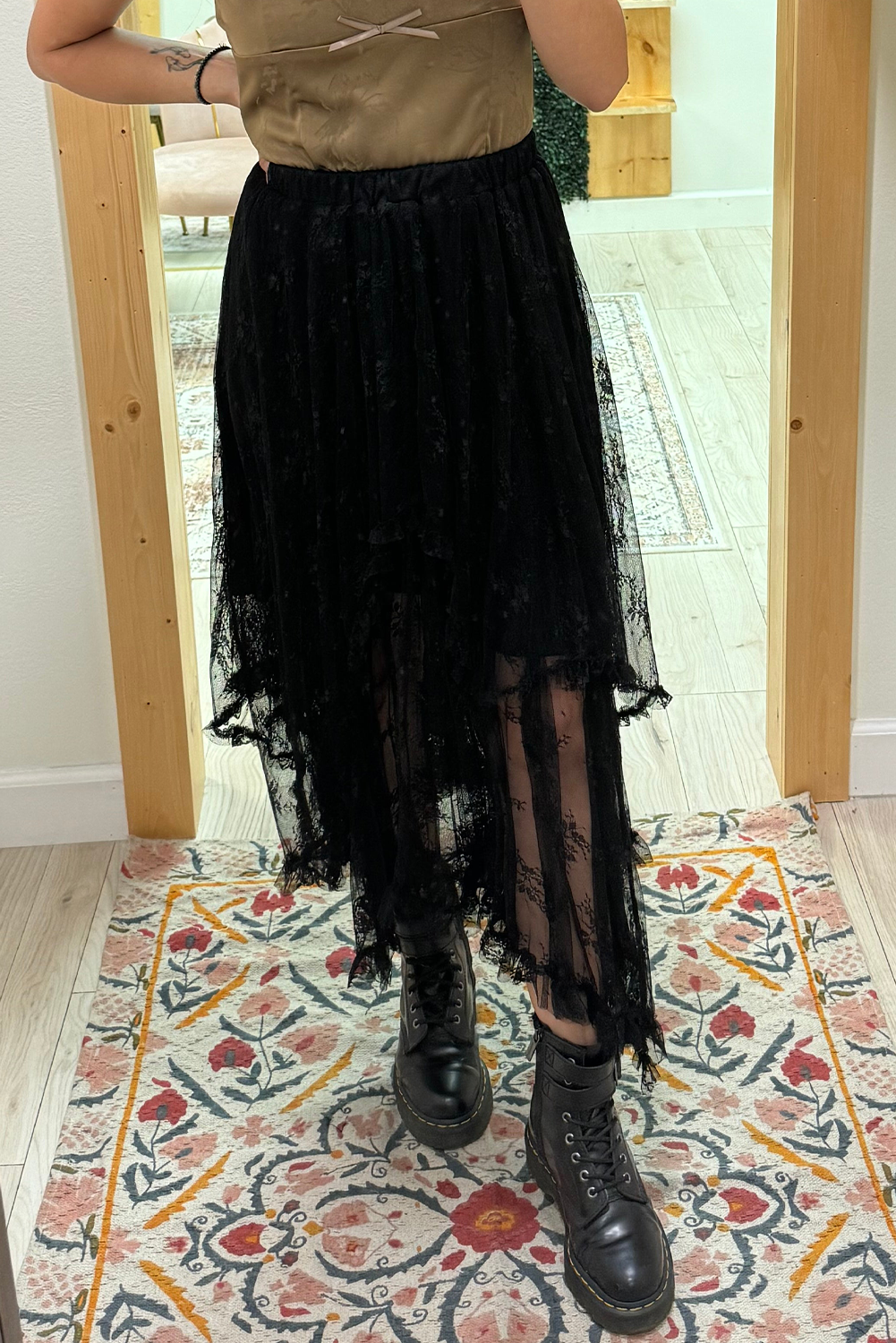 Lace High-Waisted Cascading Tiered Maxi Skirt in Black
