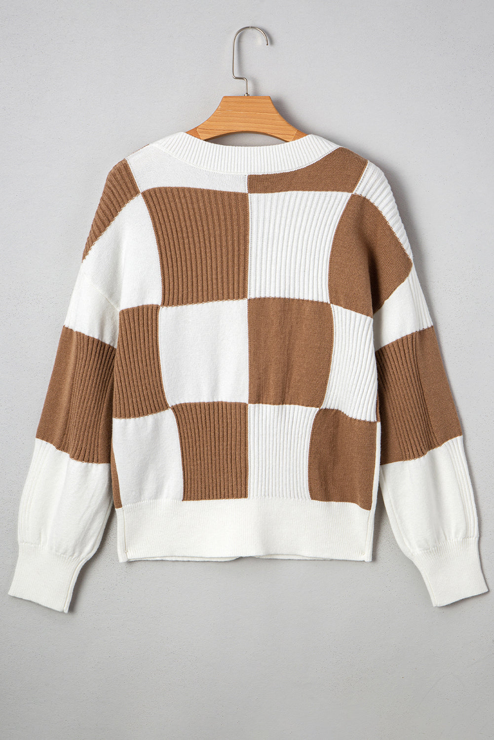 Pattern Rib-Knit Checkered Rib-Knit Detail Button V-Neck Cardigan Knit Top
