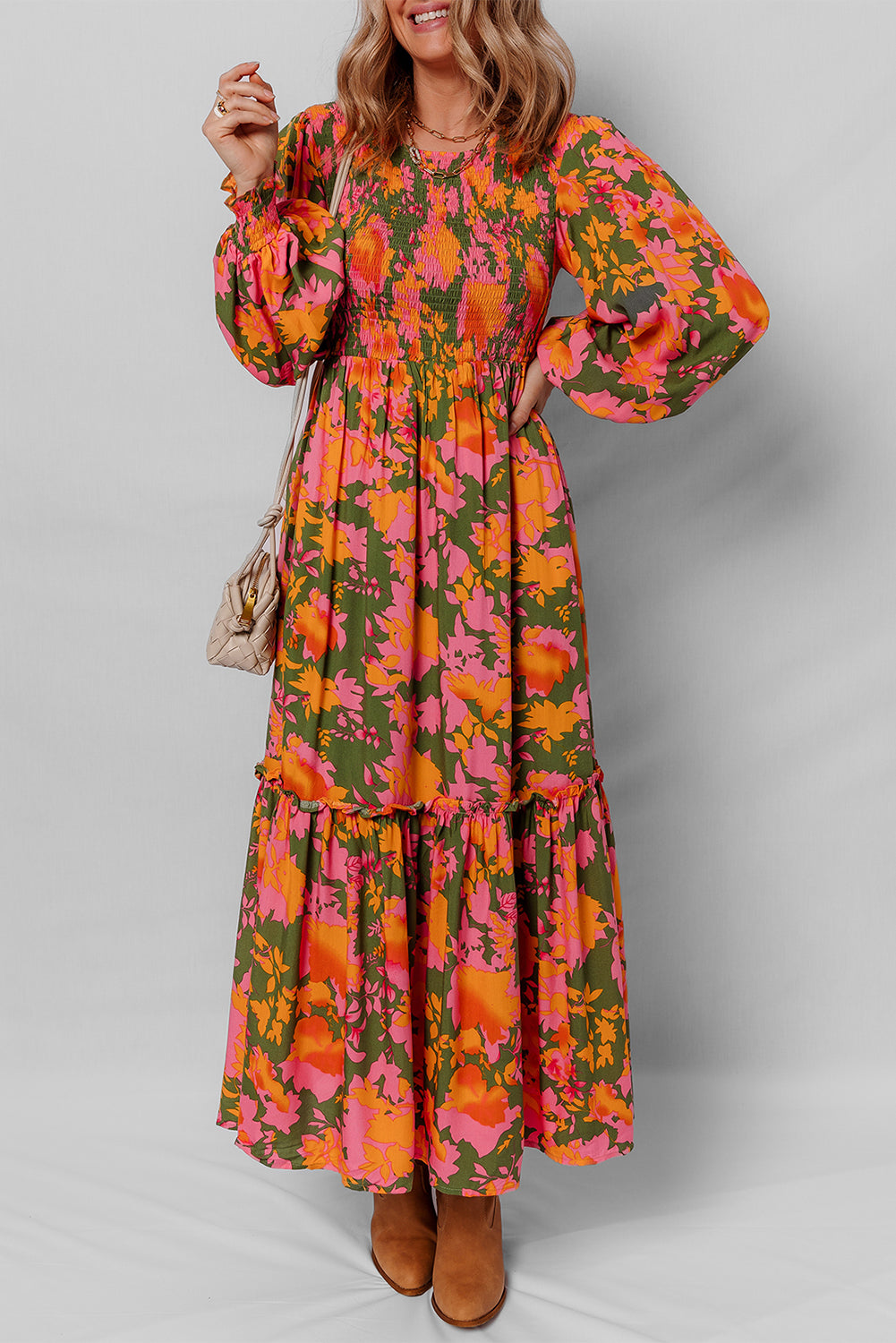 Sleeve Floral Puff Smocked Bodice Ruffled Long Dress