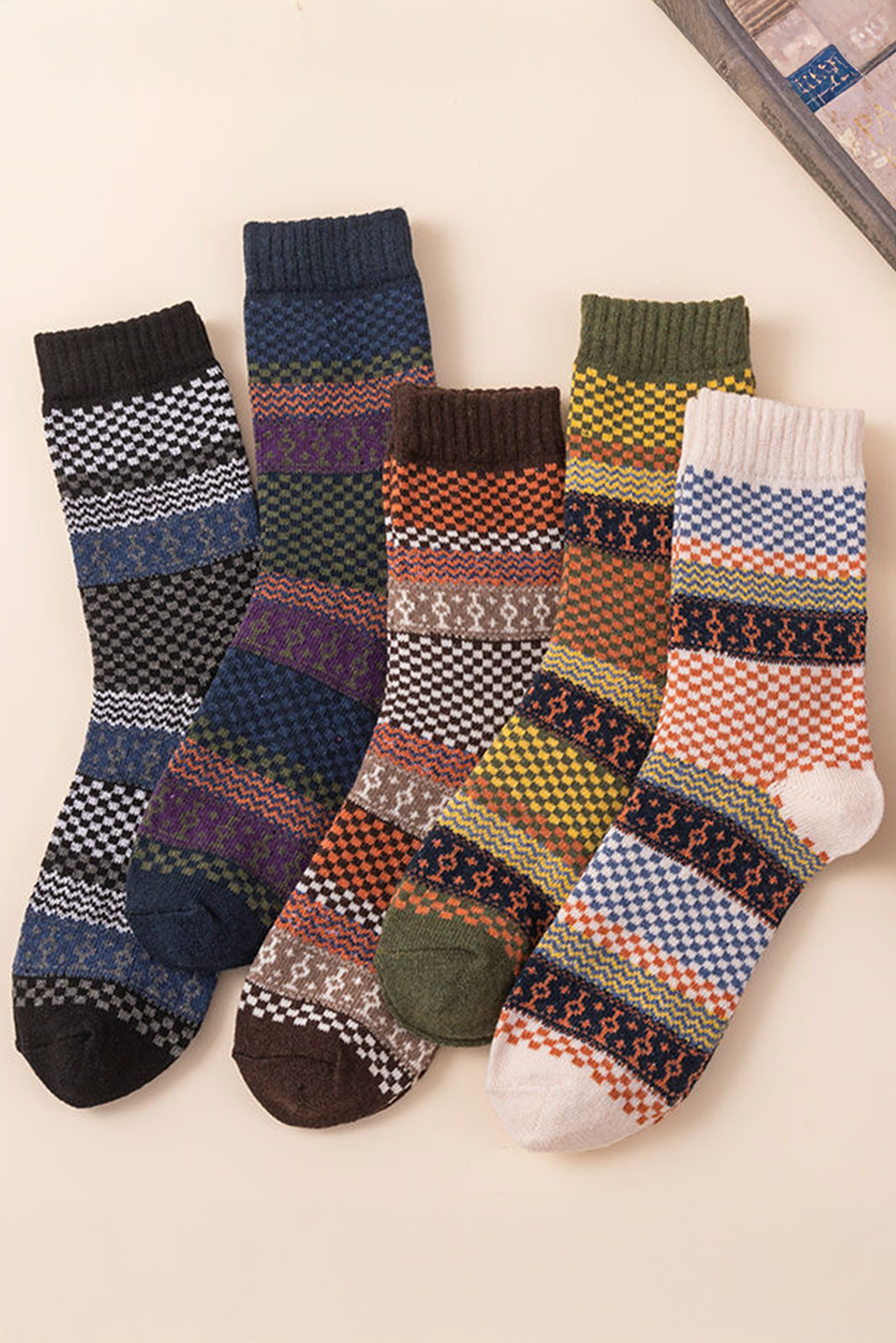Checkered Pattern Boho Pattern Soft Crew Socks Set