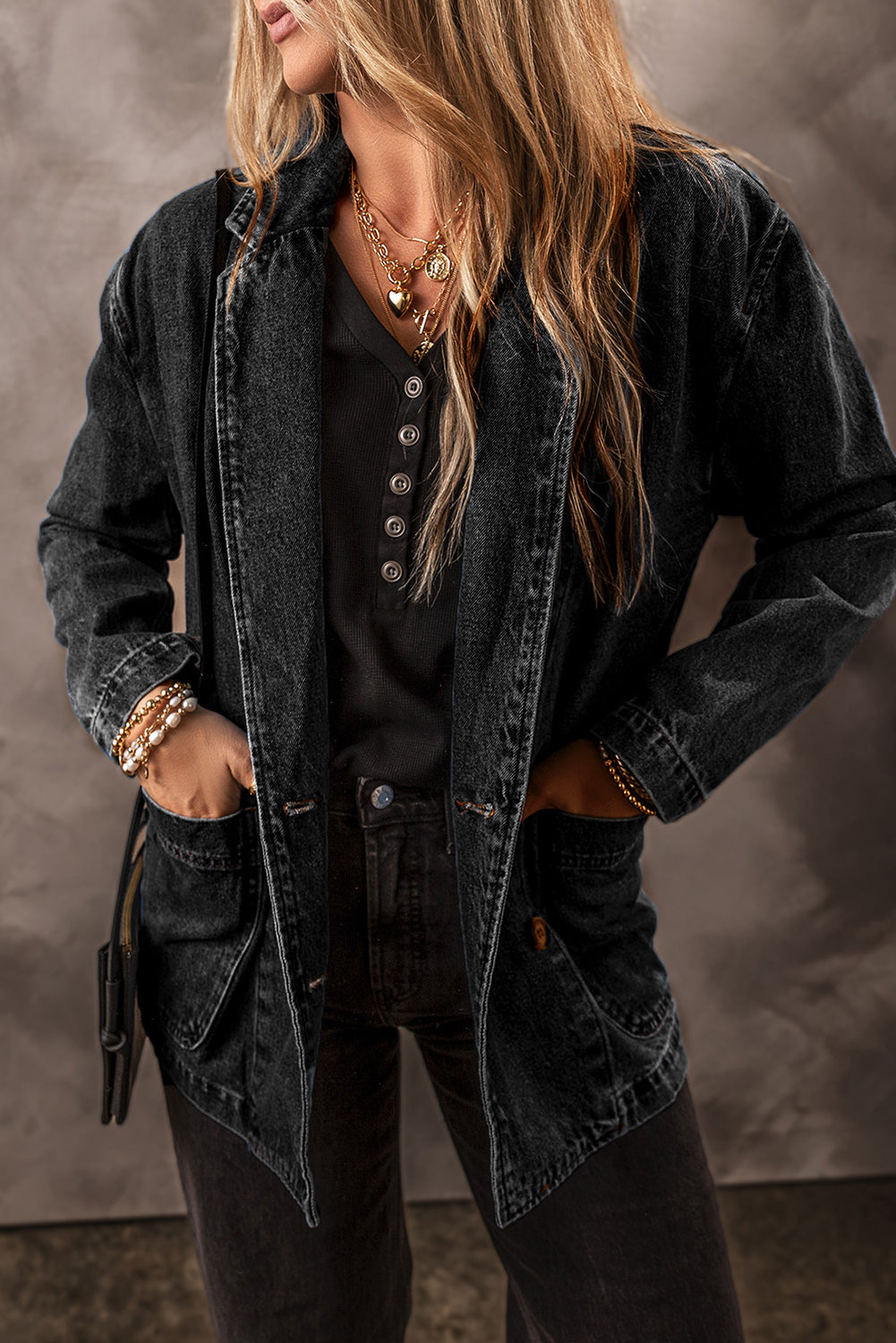 Denim Jacket with Side Pockets Lapel Collar
