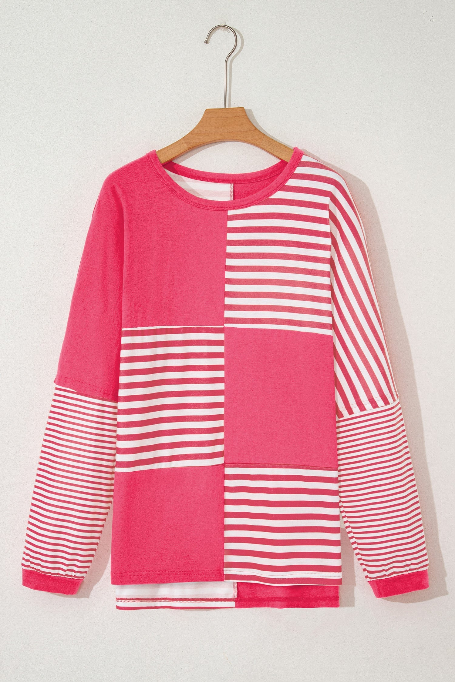 Colorblock Patchwork Stripe Patchwork Long-Sleeved Tunic Top in Pink