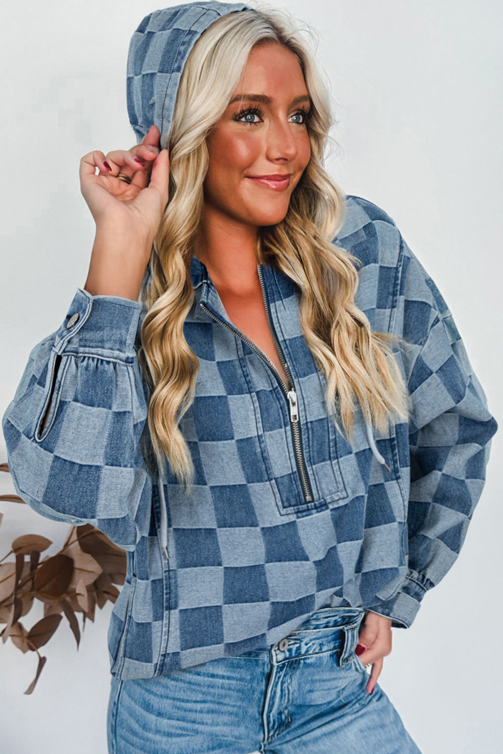 Neck Checkerboard Zip Kangaroo Pocket Denim Hoodie